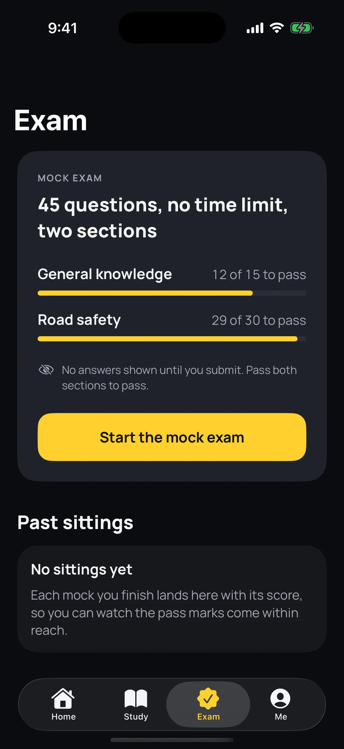 The NSW Learner mock exam screen with both sections and their pass marks