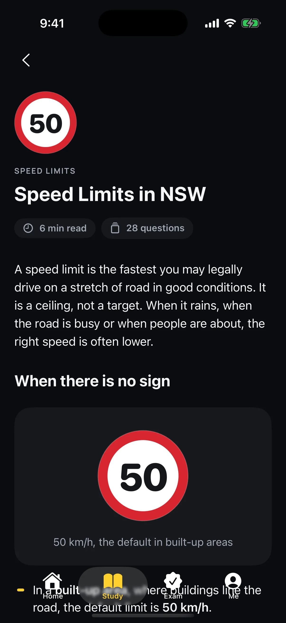 A NSW Learner lesson on speed limits with the 50 km/h sign drawn in the app